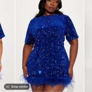 Sequin 3X Feather Trim T-Shirt Mini Dress - Royal